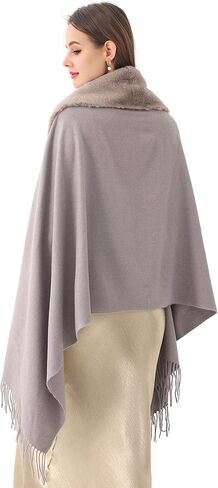 Women's Winter Pashmina Shawl Wrap with Faux Fur Trim Poncho Ruana Cape for Bridesmaid Wedding Bridal Fringe long large scarf in Kuwait