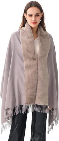 Women's Winter Pashmina Shawl Wrap with Faux Fur Trim Poncho Ruana Cape for Bridesmaid Wedding Bridal Fringe long large scarf in Kuwait