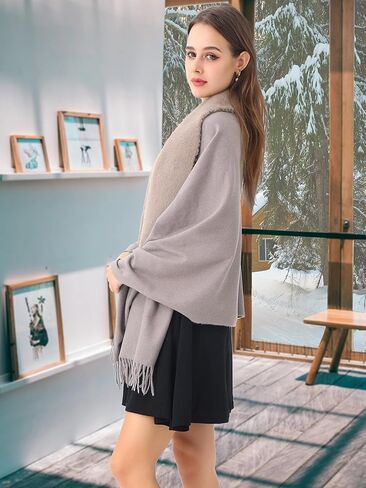 Women's Winter Pashmina Shawl Wrap with Faux Fur Trim Poncho Ruana Cape for Bridesmaid Wedding Bridal Fringe long large scarf in Kuwait