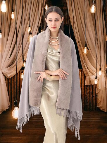 Women's Winter Pashmina Shawl Wrap with Faux Fur Trim Poncho Ruana Cape for Bridesmaid Wedding Bridal Fringe long large scarf in Kuwait