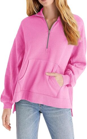 سترة Fisoew النسائية الكاجوال بنصف سحاب وأكمام طويلة وبلوفرات فضفاضة للتمرين مع جيوب in Kuwait