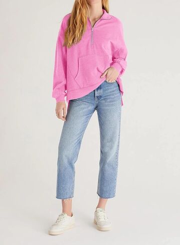 سترة Fisoew النسائية الكاجوال بنصف سحاب وأكمام طويلة وبلوفرات فضفاضة للتمرين مع جيوب in Kuwait