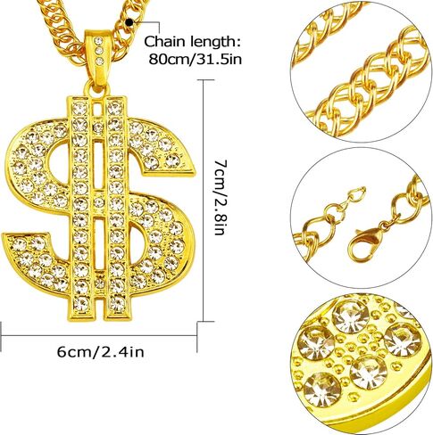 ريوزيي طقم ملابس هيب هوب بنمط الثمانينيات والتسعينيات من 4 قطع، اكسسوارات مجوهرات مغني الراب، سلسلة ذهبية مزيفة وعلامة الدولار وخاتم اصبع وسوار كوبي مع نظارات للرجال والنساء in Kuwait