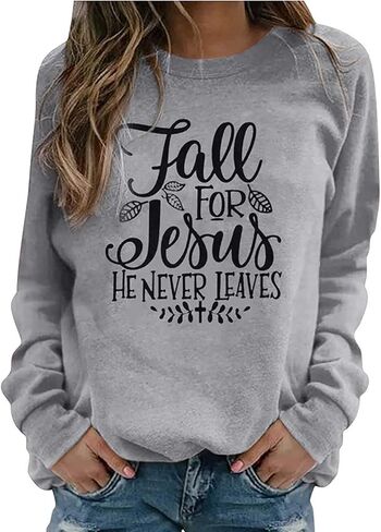 Fall for Jesus He Never Leaves Sweatshirt - Women Funny Christian Thanksgiving Graphic Pullover Tops in Kuwait