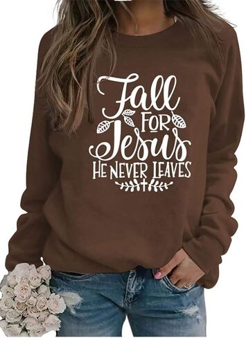 Fall for Jesus He Never Leaves Sweatshirt - Women Funny Christian Thanksgiving Graphic Pullover Tops in Kuwait
