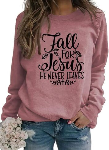 Fall for Jesus He Never Leaves Sweatshirt - Women Funny Christian Thanksgiving Graphic Pullover Tops in Kuwait
