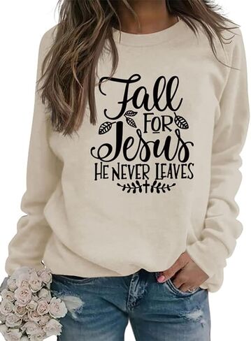 Fall for Jesus He Never Leaves Sweatshirt - Women Funny Christian Thanksgiving Graphic Pullover Tops in Kuwait
