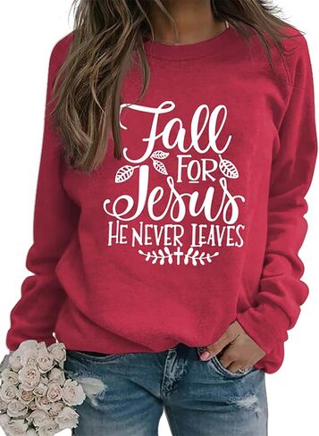 Fall for Jesus He Never Leaves Sweatshirt - Women Funny Christian Thanksgiving Graphic Pullover Tops in Kuwait