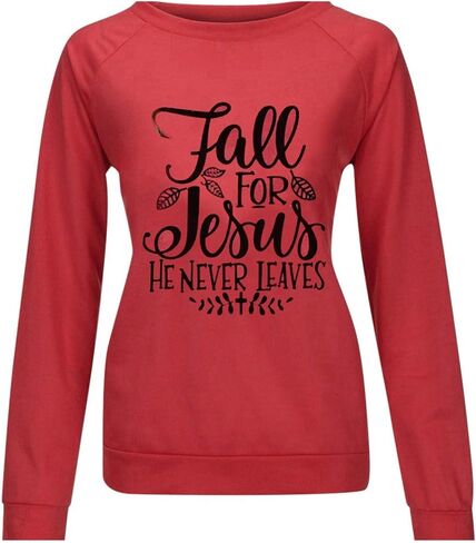 Fall for Jesus He Never Leaves Sweatshirt - Women Funny Christian Thanksgiving Graphic Pullover Tops in Kuwait