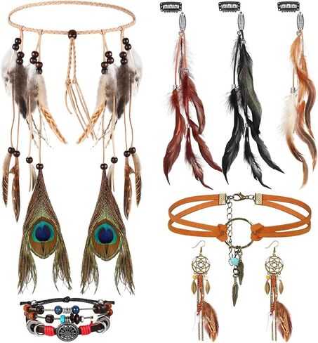 Huquary 7 Piece Indian Native American Jewelry Set for Women Halloween Costumes Bohemian Headdress Feather Accessories Retro Drop Necklace Earrings Bracelets Hair Band Hair Extensions in Kuwait