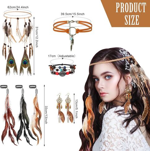 Huquary 7 Piece Indian Native American Jewelry Set for Women Halloween Costumes Bohemian Headdress Feather Accessories Retro Drop Necklace Earrings Bracelets Hair Band Hair Extensions in Kuwait