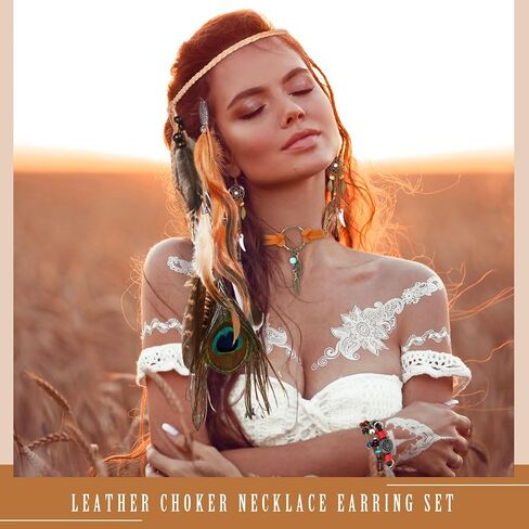 Huquary 7 Piece Indian Native American Jewelry Set for Women Halloween Costumes Bohemian Headdress Feather Accessories Retro Drop Necklace Earrings Bracelets Hair Band Hair Extensions in Kuwait
