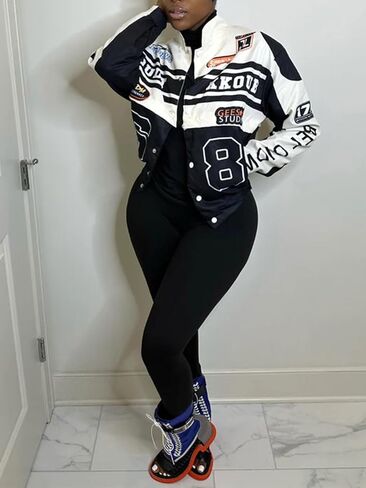 انجسوتك جاكيت فارسيتي للنساء للدراجات النارية قابل للفصل برسومات حروف جرافيكية عتيقة بالوان متباينة معطف بيسبول ملابس الشارع in Kuwait