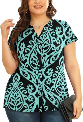 قميص TIANZHU نسائي مقاس كبير بأزرار سفلية، قميص كاجوال بأكمام قصيرة للعمل in Kuwait