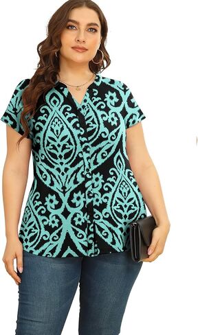 قميص TIANZHU نسائي مقاس كبير بأزرار سفلية، قميص كاجوال بأكمام قصيرة للعمل in Kuwait