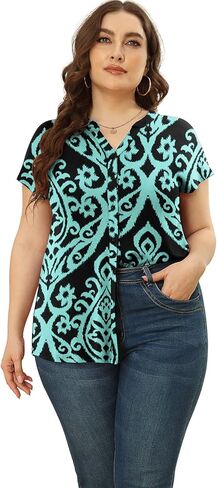 قميص TIANZHU نسائي مقاس كبير بأزرار سفلية، قميص كاجوال بأكمام قصيرة للعمل in Kuwait