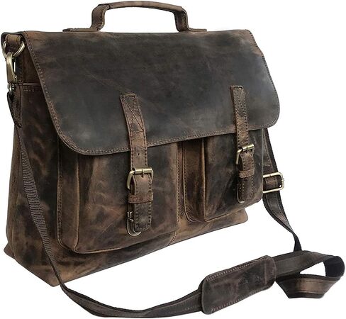 18" Inch Retro Buffalo Hunter Leather Laptop Messenger Bag Office Briefcase College Bag Leather Bag for Men and Women (18" Brown) in Saudi Arabia