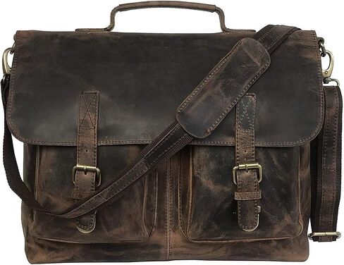 18" Inch Retro Buffalo Hunter Leather Laptop Messenger Bag Office Briefcase College Bag Leather Bag for Men and Women (18" Brown) in Saudi Arabia