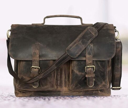 18" Inch Retro Buffalo Hunter Leather Laptop Messenger Bag Office Briefcase College Bag Leather Bag for Men and Women (18" Brown) in Saudi Arabia