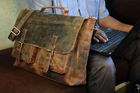 18" Inch Retro Buffalo Hunter Leather Laptop Messenger Bag Office Briefcase College Bag Leather Bag for Men and Women (18" Brown) in Saudi Arabia