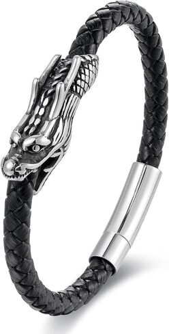 BIYONGDE Black Braided Leather Bangle Bracelet, Vintage Dragon Head fortune lucky protection, Steel Spring Clasp, Mens Womens, Unique in Saudi Arabia