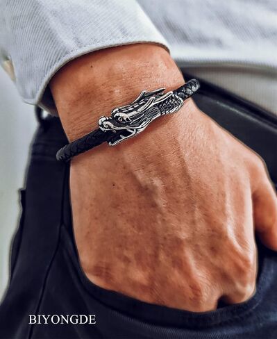 BIYONGDE Black Braided Leather Bangle Bracelet, Vintage Dragon Head fortune lucky protection, Steel Spring Clasp, Mens Womens, Unique in Saudi Arabia