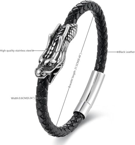 BIYONGDE Black Braided Leather Bangle Bracelet, Vintage Dragon Head fortune lucky protection, Steel Spring Clasp, Mens Womens, Unique in Saudi Arabia