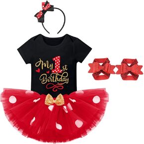 IBTOM CASTLE Baby Girls Cake Smash 1st Birthday Outfit Romper Dress+Polka Dots Tutu Skirt Barefoot Sandals for Photograph