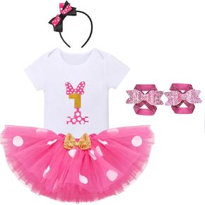 IBTOM CASTLE Baby Girls Cake Smash 1st Birthday Outfit Romper Dress+Polka Dots Tutu Skirt Barefoot Sandals for Photograph in Kuwait