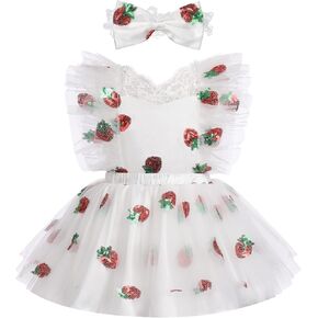 Toddler Baby Girls Strawberry Cherry Birthday Dress with Headband Princess Cake Smash Outfit for Photo Shoot
