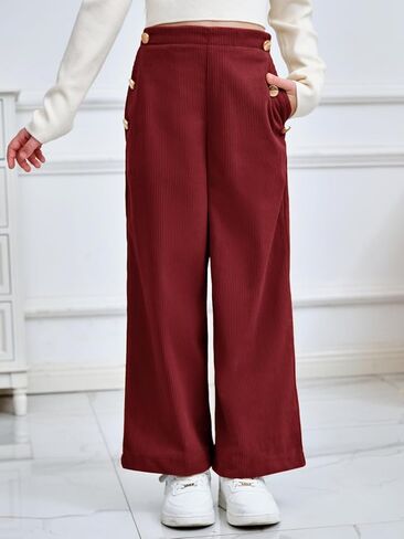 Haloumoning Girls Wide Leg Corduroy Pants Kids Elastic Waist Gold Button Trousers with Pockets 5-14 Years in Saudi Arabia