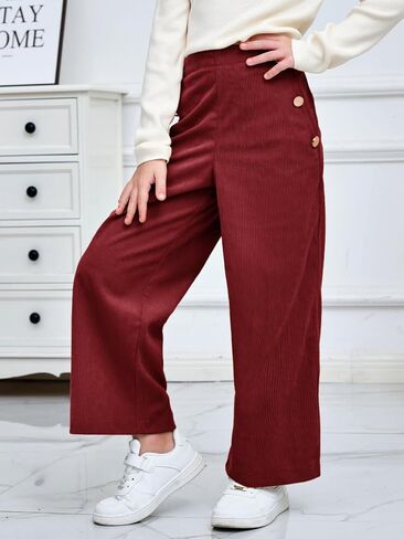 Haloumoning Girls Wide Leg Corduroy Pants Kids Elastic Waist Gold Button Trousers with Pockets 5-14 Years in Saudi Arabia
