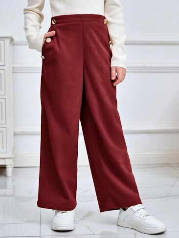 Haloumoning Girls Wide Leg Corduroy Pants Kids Elastic Waist Gold Button Trousers with Pockets 5-14 Years in Saudi Arabia