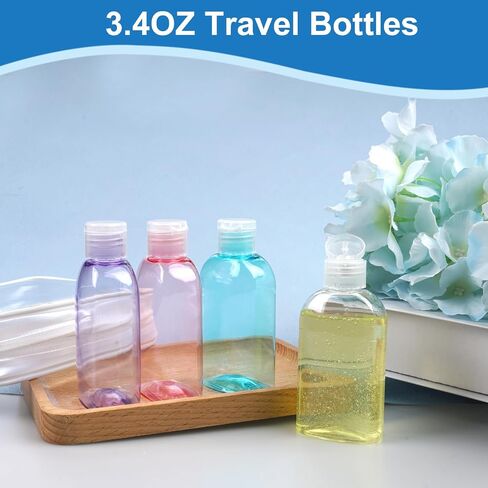 زجاجات السفر من Cosywell لمستلزمات النظافة، 4 قطع، زجاجات شامبو وبلسم للسفر سعة 3.4 أونصة، حاويات بحجم السفر معتمدة من إدارة أمن المواصلات الأمريكية، زجاجات ضغط بلاستيكية صغيرة مقاومة للتسرب مع غطاء قلاب in Saudi Arabia