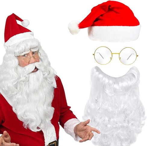 مجموعة أزياء عيد الميلاد سانتا كلوز من NIUEFH تتضمن قبعة سانتا كلوز لعيد الميلاد مع نظارات فاخرة طويلة بيضاء لحية سانتا كلوز لحفلات عيد الميلاد in Kuwait