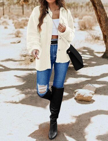 TECREW Women's Winter Sherpa Fleece Jacket Button Down Fuzzy Shacket Outwear Coat with Pockets in Kuwait