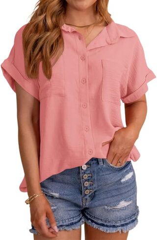 قمصان MaQiYa النسائية بأكمام قصيرة وأزرار سفلية كاجوال فضفاضة مناسبة للصيف، بلوزات علوية مع جيوب in Kuwait