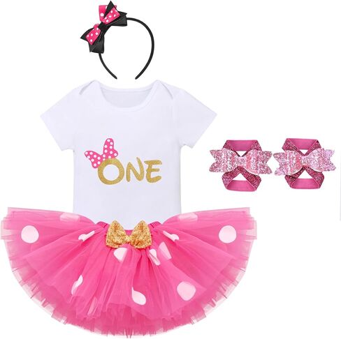 IBTOM CASTLE Baby Girls Cake Smash 1st Birthday Outfit Romper Dress+Polka Dots Tutu Skirt Barefoot Sandals for Photograph in Kuwait
