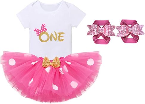 IBTOM CASTLE Baby Girls Cake Smash 1st Birthday Outfit Romper Dress+Polka Dots Tutu Skirt Barefoot Sandals for Photograph in Kuwait