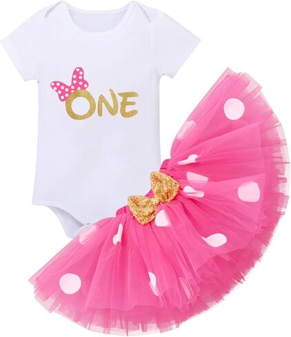 IBTOM CASTLE Baby Girls Cake Smash 1st Birthday Outfit Romper Dress+Polka Dots Tutu Skirt Barefoot Sandals for Photograph in Kuwait