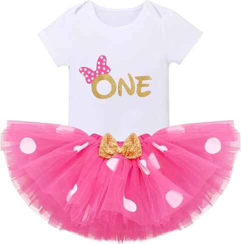 IBTOM CASTLE Baby Girls Cake Smash 1st Birthday Outfit Romper Dress+Polka Dots Tutu Skirt Barefoot Sandals for Photograph in Kuwait