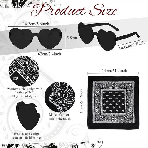 Chuarry 24 Sets Paisley Bandanas and Heart Shaped Sunglasses Rimless Transparent Heart Glasses Bandana for Women Men in Saudi Arabia