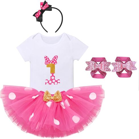 IBTOM CASTLE Baby Girls Cake Smash 1st Birthday Outfit Romper Dress+Polka Dots Tutu Skirt Barefoot Sandals for Photograph in Saudi Arabia
