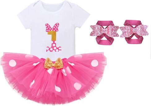 IBTOM CASTLE Baby Girls Cake Smash 1st Birthday Outfit Romper Dress+Polka Dots Tutu Skirt Barefoot Sandals for Photograph in Saudi Arabia