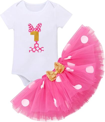 IBTOM CASTLE Baby Girls Cake Smash 1st Birthday Outfit Romper Dress+Polka Dots Tutu Skirt Barefoot Sandals for Photograph in Saudi Arabia