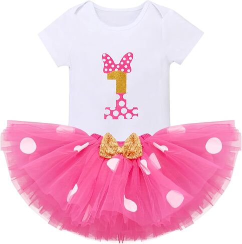 IBTOM CASTLE Baby Girls Cake Smash 1st Birthday Outfit Romper Dress+Polka Dots Tutu Skirt Barefoot Sandals for Photograph in Saudi Arabia