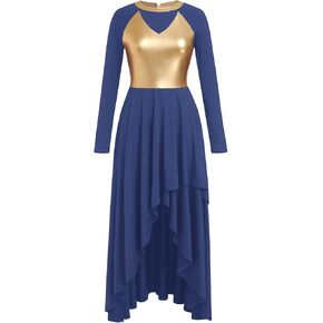 IBAKOM Women Gold Metallic High Low Praise Dance Dress Long Church Liturgical Worship Costume Tunic Lyrical Dance Outfits