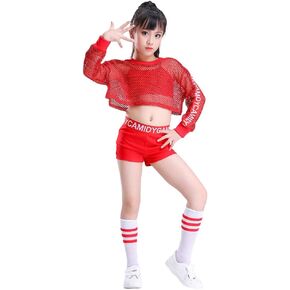 ملابس رقص للفتيات لموسيقى الجاز الهيب هوب، مجموعة ملابس قصيرة للأطفال مكونة من 4 قطع باللون الأحمر in Kuwait