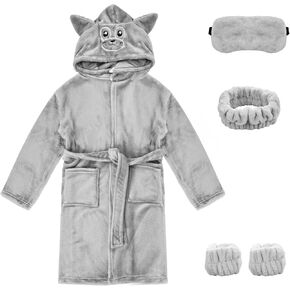 Girls Boys Fleece Robe Bathrobe with Eyemask Hairband Wrist Towels Kids Soft Lightweight Plush Hooded Robe