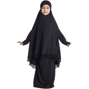 Kids Girls Abaya Muslim Full Cover Lace Hijab Dress Kaftan Dubai Islamic Prayer Dress, 2pcs Set